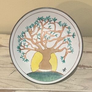 Mid-Century Brass Encased Porcelain Bowl Hand-Painted Haru (Spring) Tree and Sun